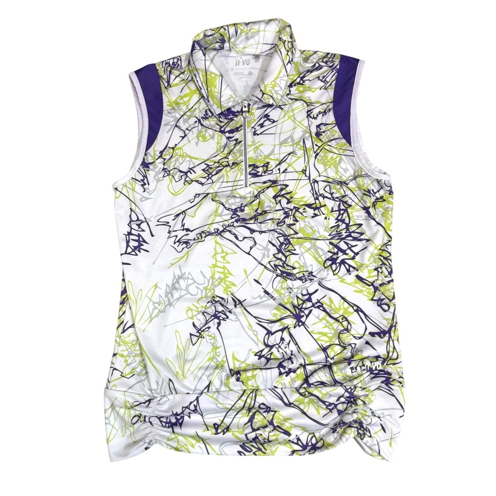 Nivo Womens Golf Polo Sleeveless Quarter Zip Abstract Print White Purple Small